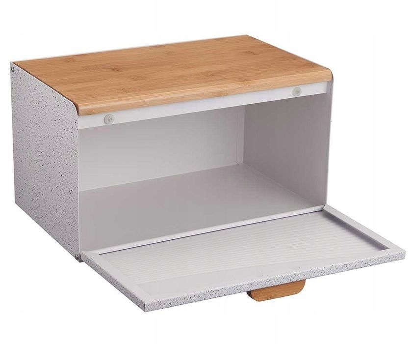 efektowny chlebak stalowy biały marmurek deska 23,5 x 35,5 x 21 cm.