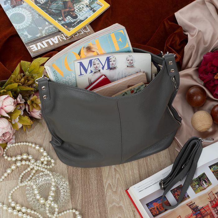 VERA PELLE torebka damska skórzana worek z paskiem V388 c.szara