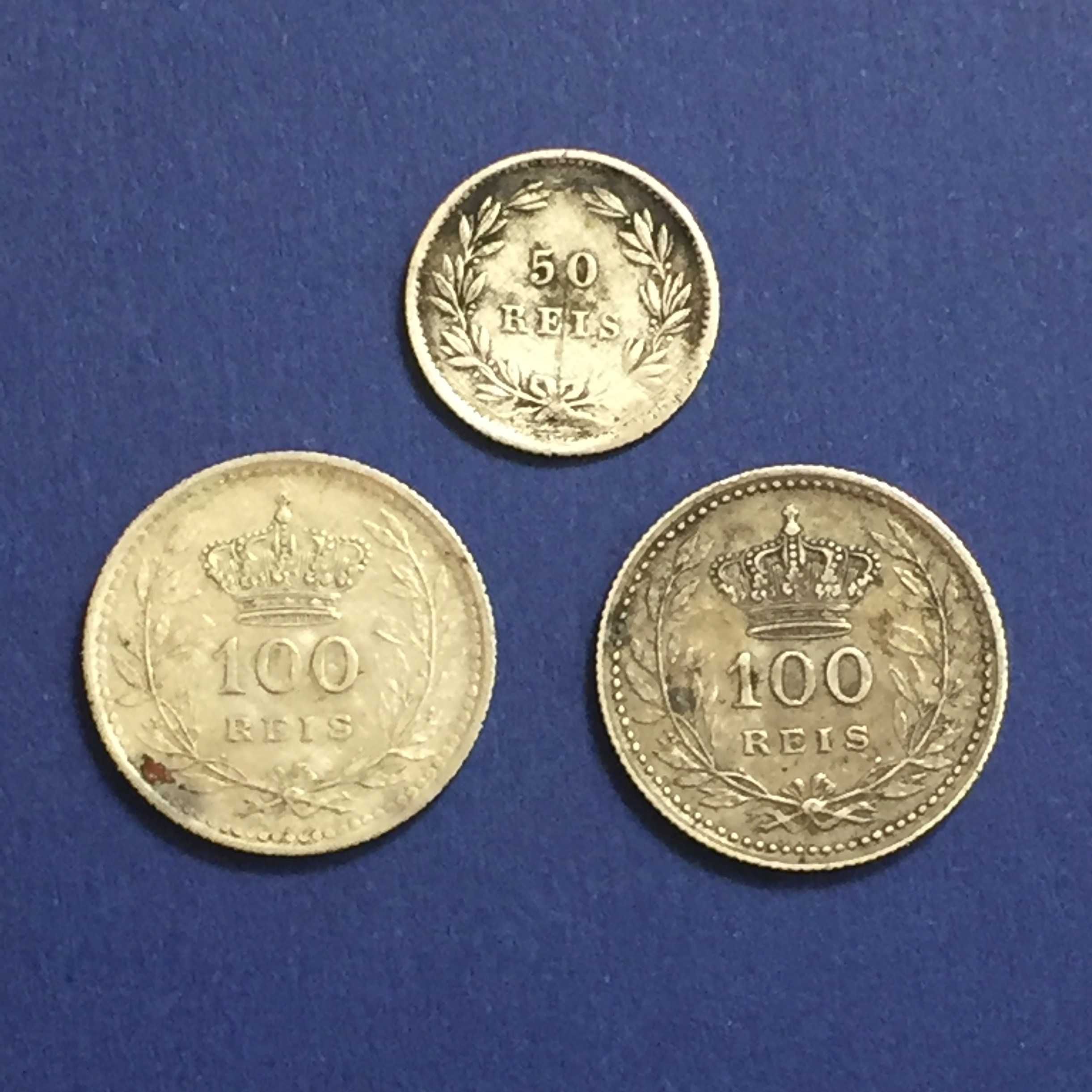 3 moedas prata Monarquia Portuguesa-50 réis 1889 e 100 réis 1909e 1910