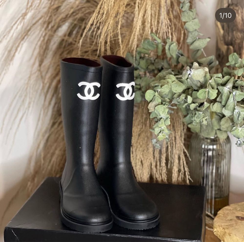 Czarne damskie kalosze Chanel 37 gumowe buty na deszcz botki nowe