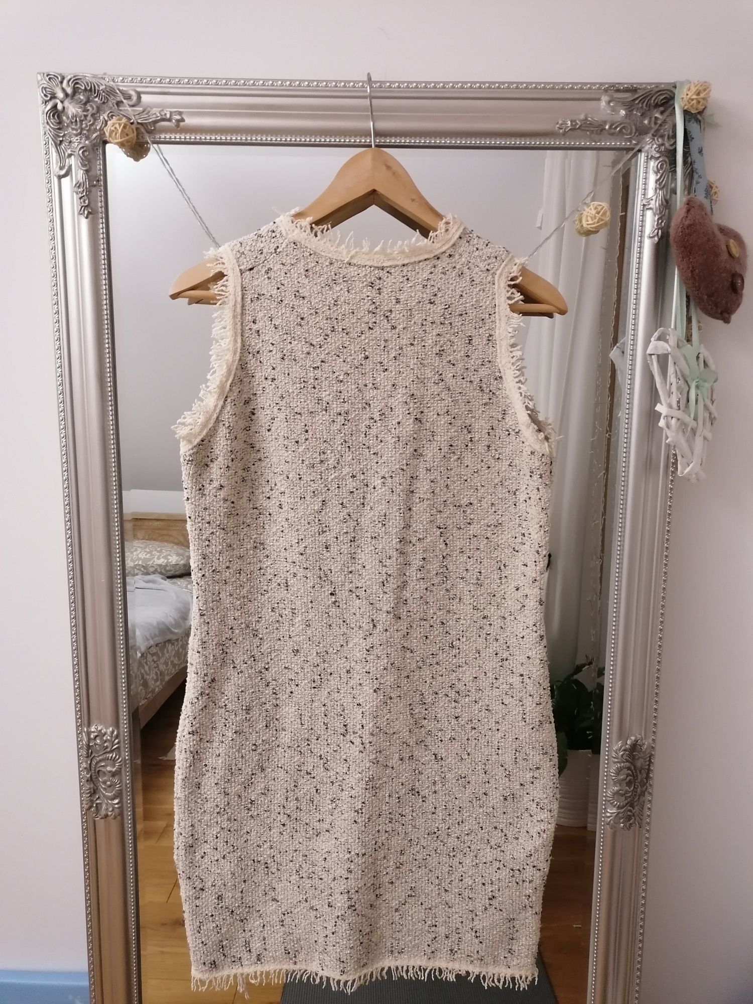 Sukienka tweed , MANGO, ecru/beżowa,frędzle, r. M/36/38