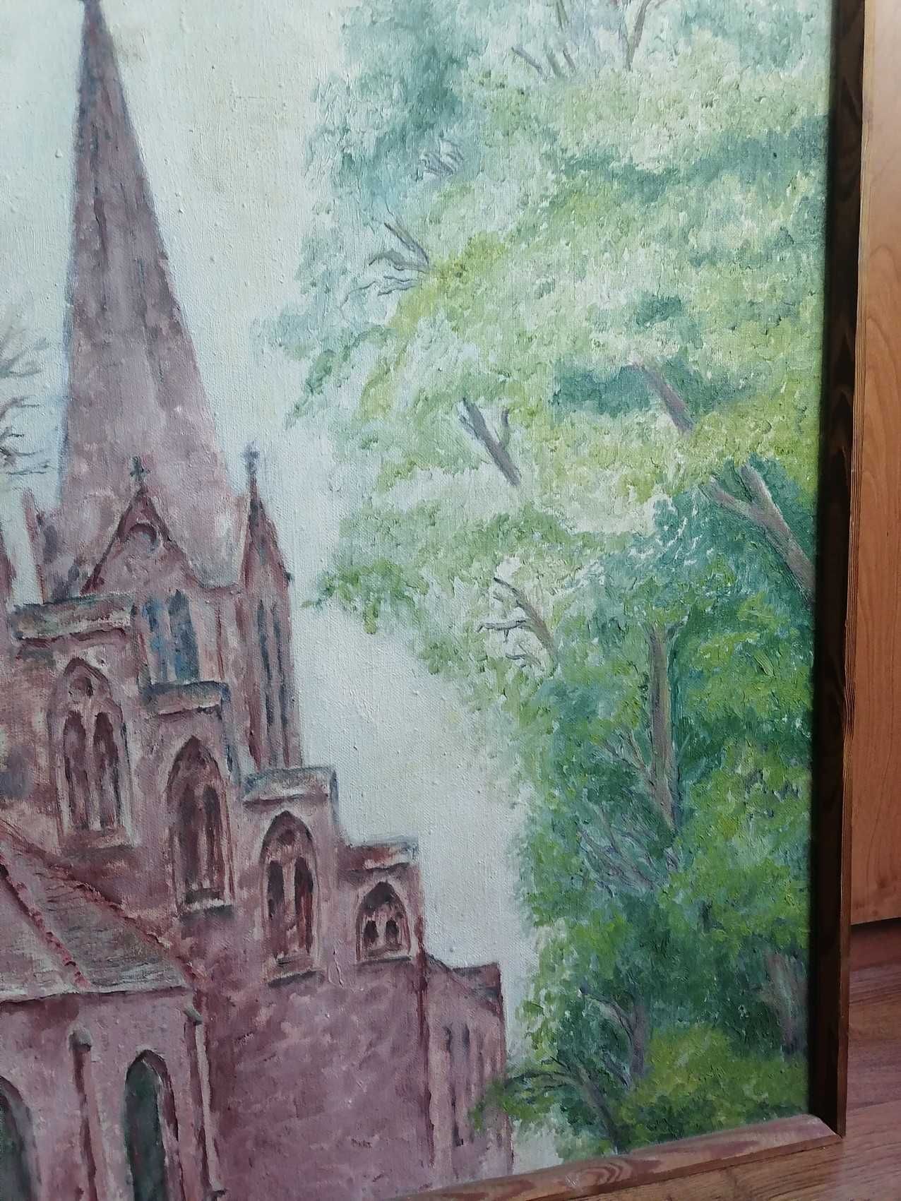 Obraz 1980 kościół z drzewami olej płótno  81 x 72 cm