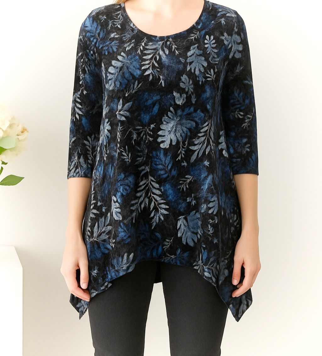 Piękna bluzka asymetryczna welurowa 44 XXL czarna w kwiaty plus size