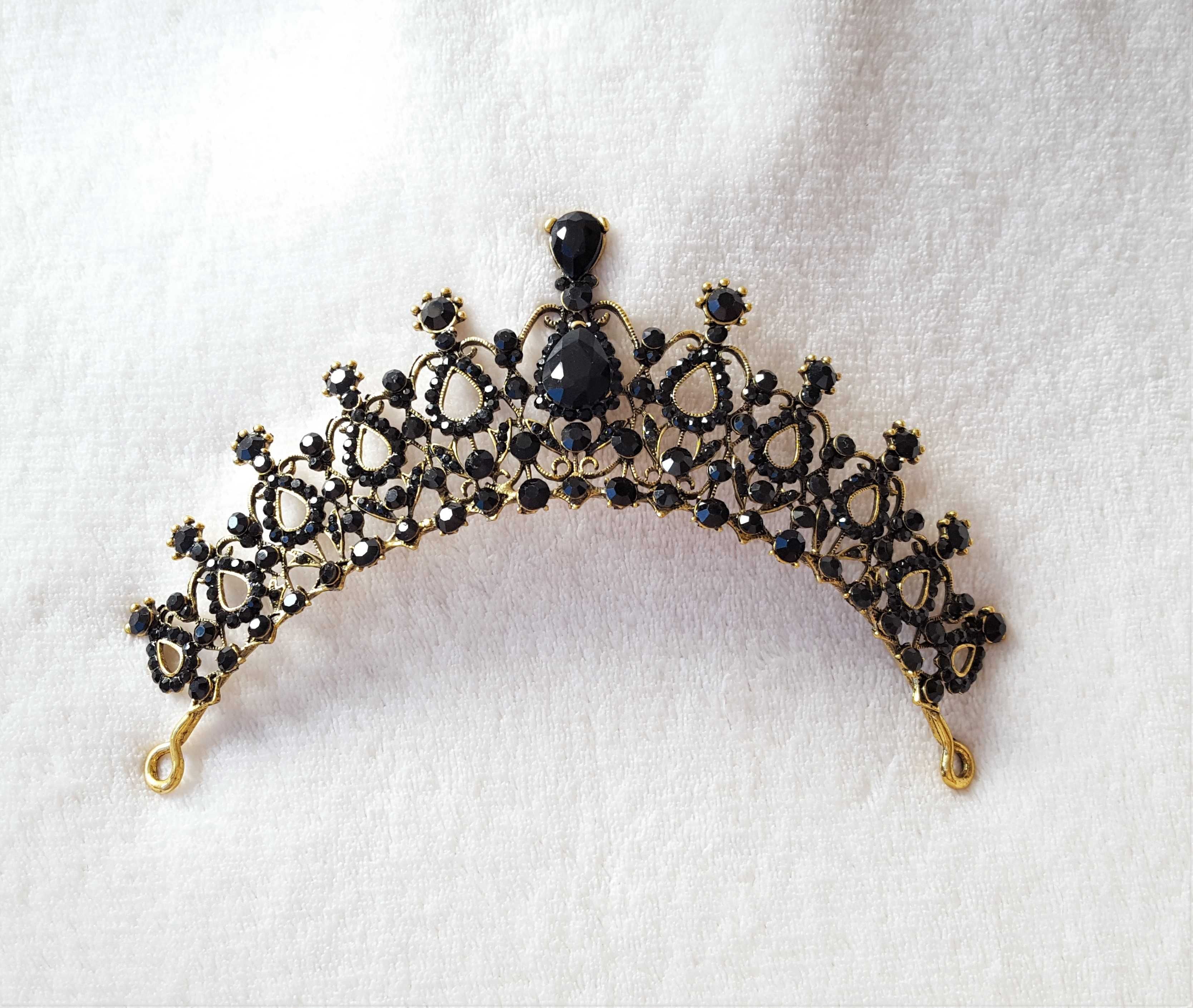 Nowa korona diadem tiara opaska złoty kolor czarne kamienie wesele bal