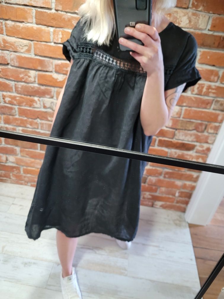 Czarna lniana sukienka oversize boho 100% len vintage