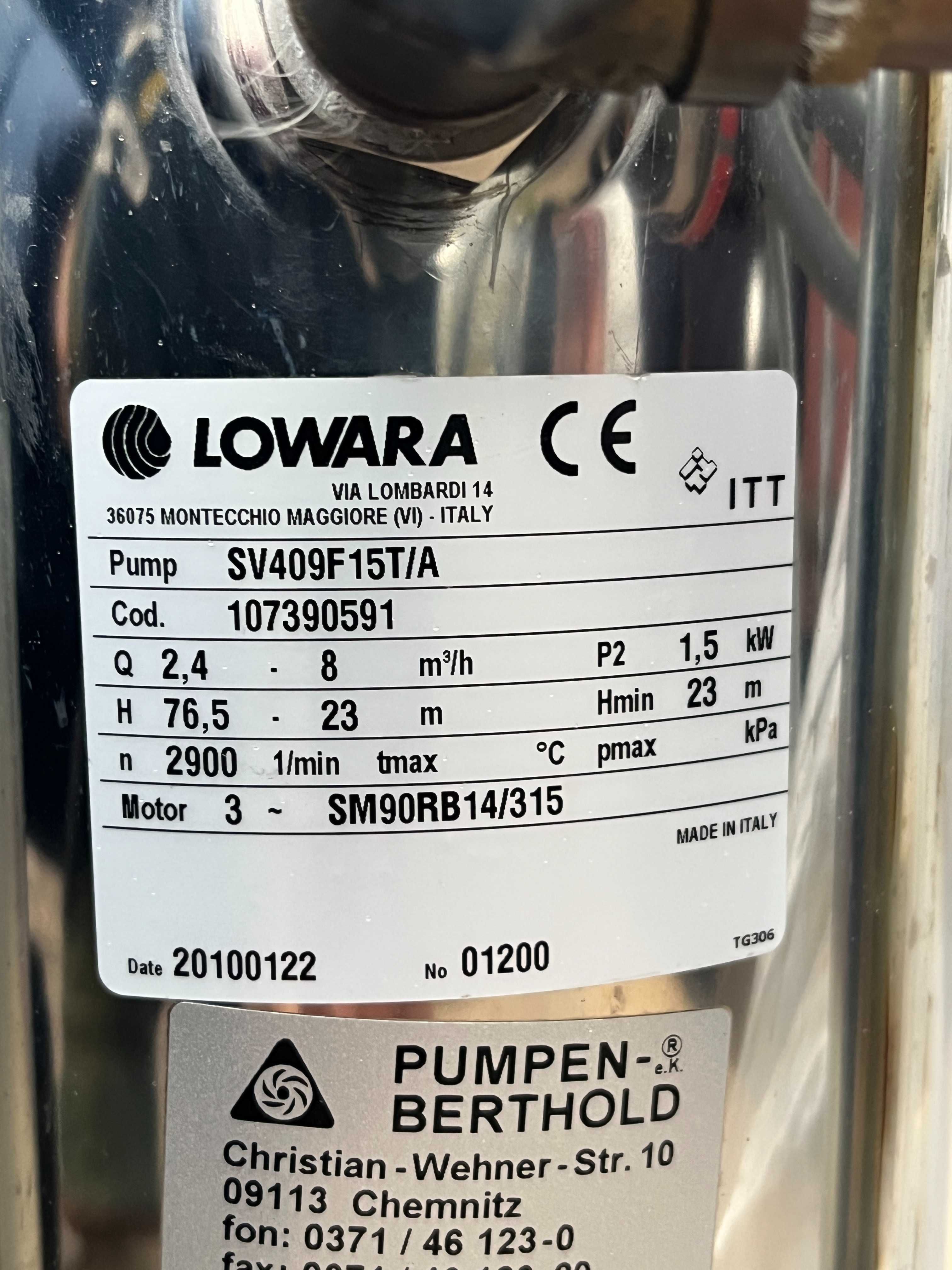 Pompa Pionowa Lowara 2.4-8 m3/h Wysokość podnoszenia max - 76,5m 1.5kw
