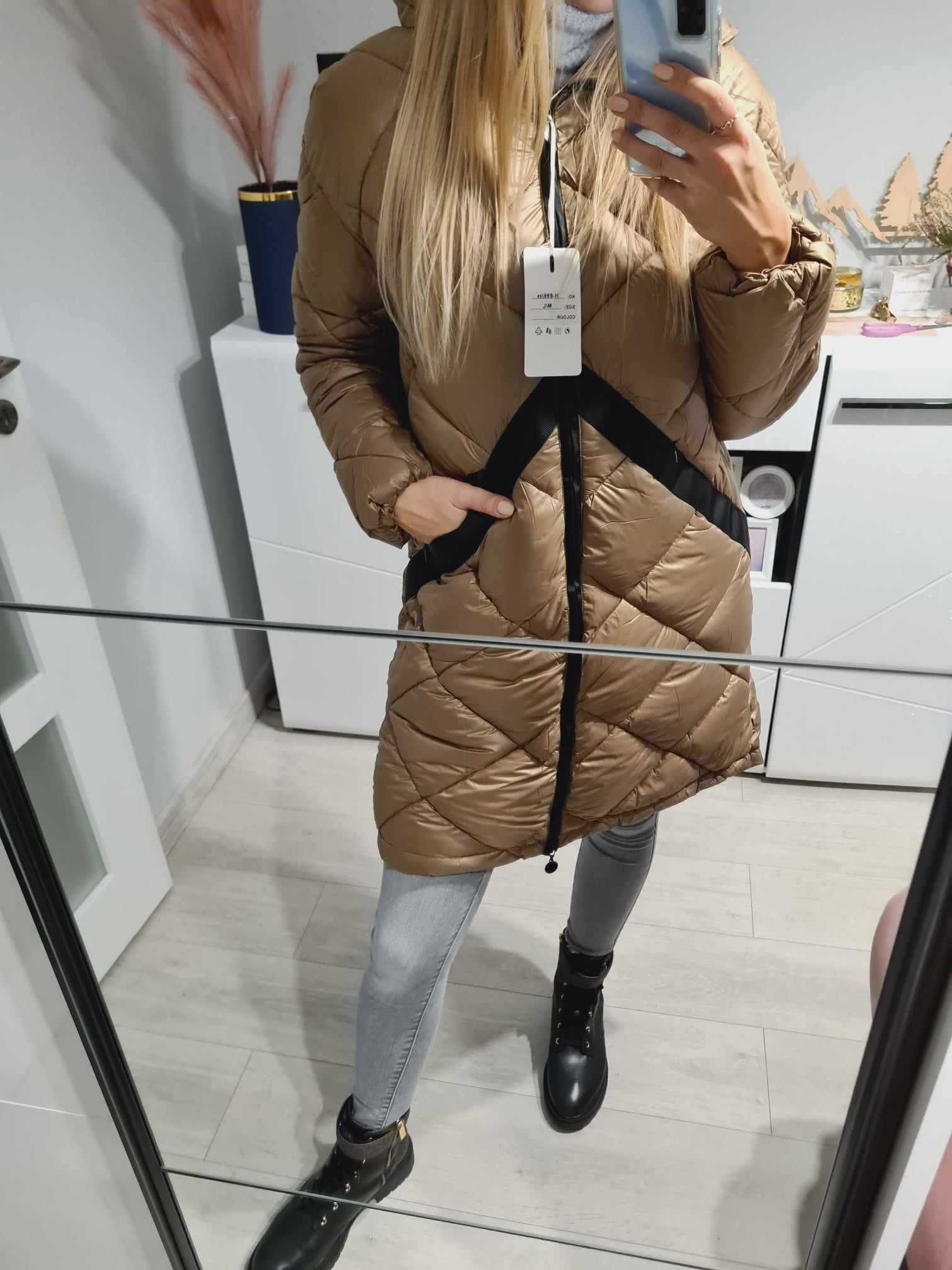 kurtka zimowa puffer jacket beżowa pikowana płaszcz lampasy puchowa