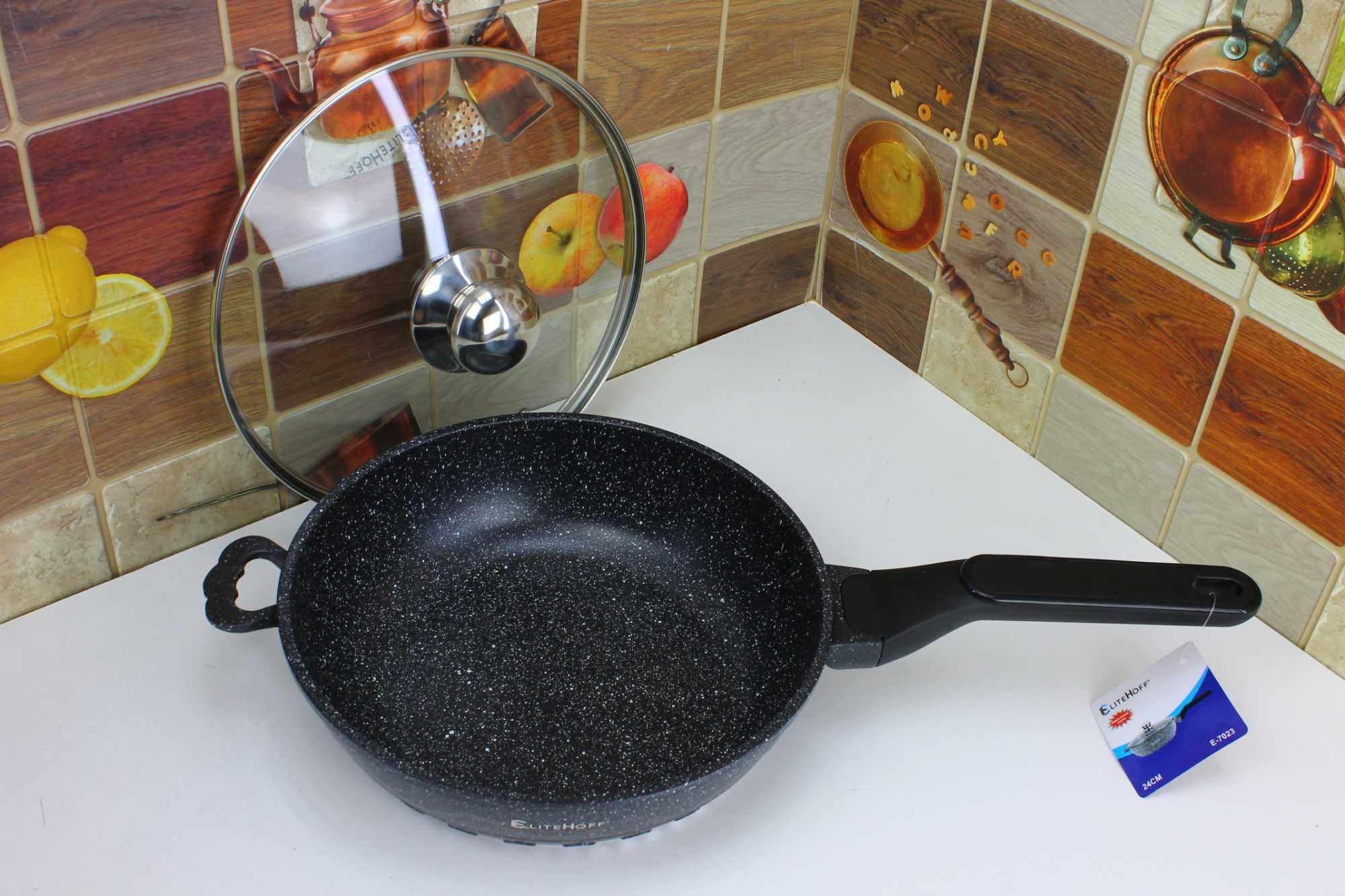 Solidna Głęboka Patelnia 24cm z pokrywą EliteHoff E7022 czarna