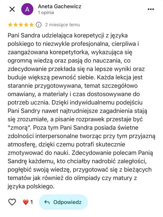 Korepetycje z Nauczyciem Język Polski Szkoła Średnia i Podstawowa