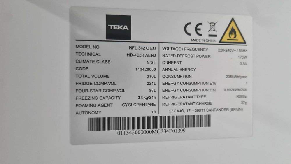 Frigorifico combinado Teka NFL 342 C - NOVO -SEM USO.