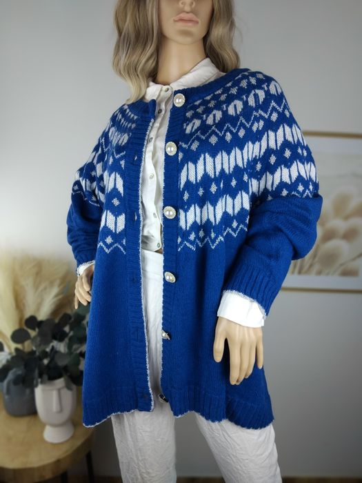 Wełniany kardigan vintage norweski wzór świąteczny sweter alpaka wełna