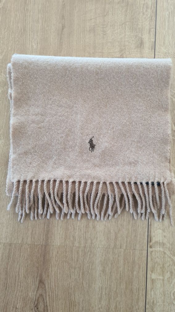 Szalik Polo Ralph Lauren. Beżowy Kremowy Camel. 100% Lambswool Wełna.
