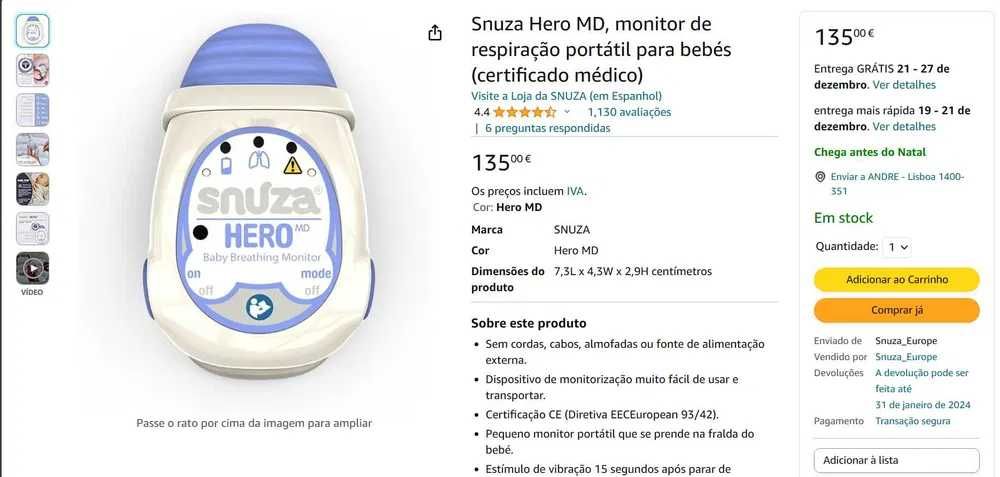 Snuza Hero MD - monitor de respiração portátil para bebés