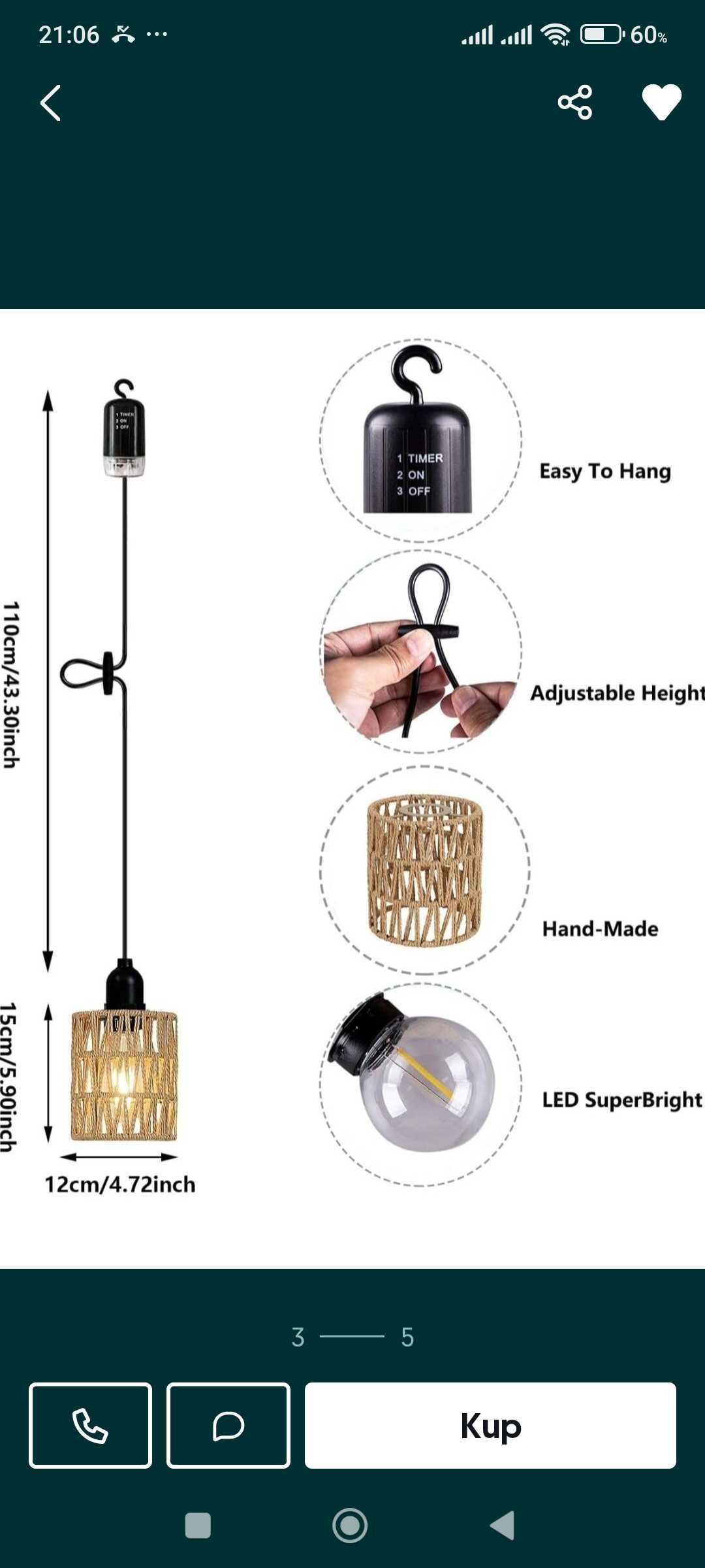 Lampa Rattanowa Boho Lampka wisząca sufitowa wiklinowa z wikliny