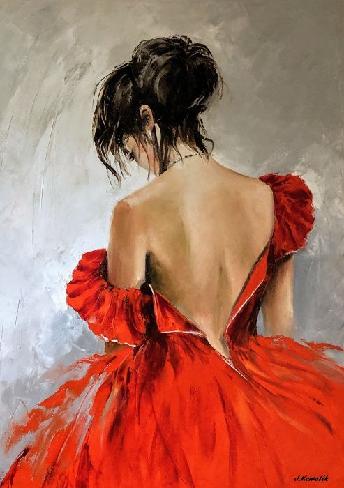 Kowalik - Dziewczyna w czerwieni - 60x80cm Obraz Olejny Akt Kobieta