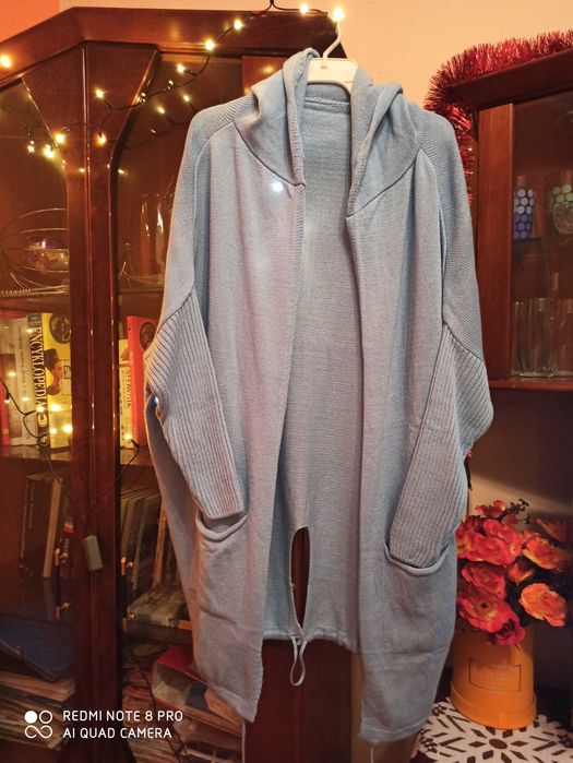 Super kardigan, błękitny z kapturem, oversize xl/xxl