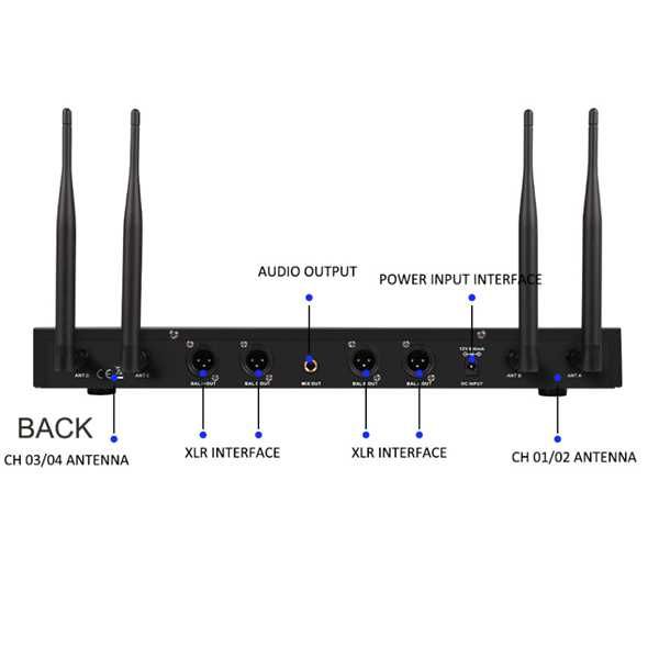 Kit Receptor Multicanal + 4x Mic sem Fios UHF Digital 4 Canais