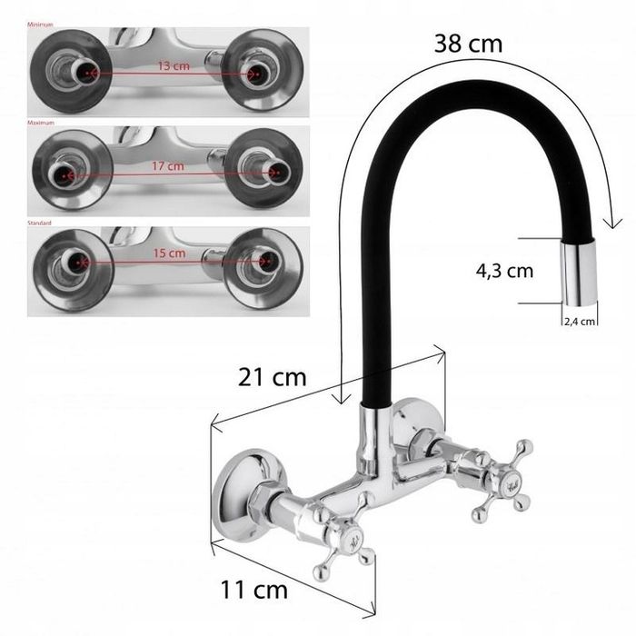 Bateria Kuchenna Ścienna Elastyczna Wylewka Kran Czarny Retro Gumowa