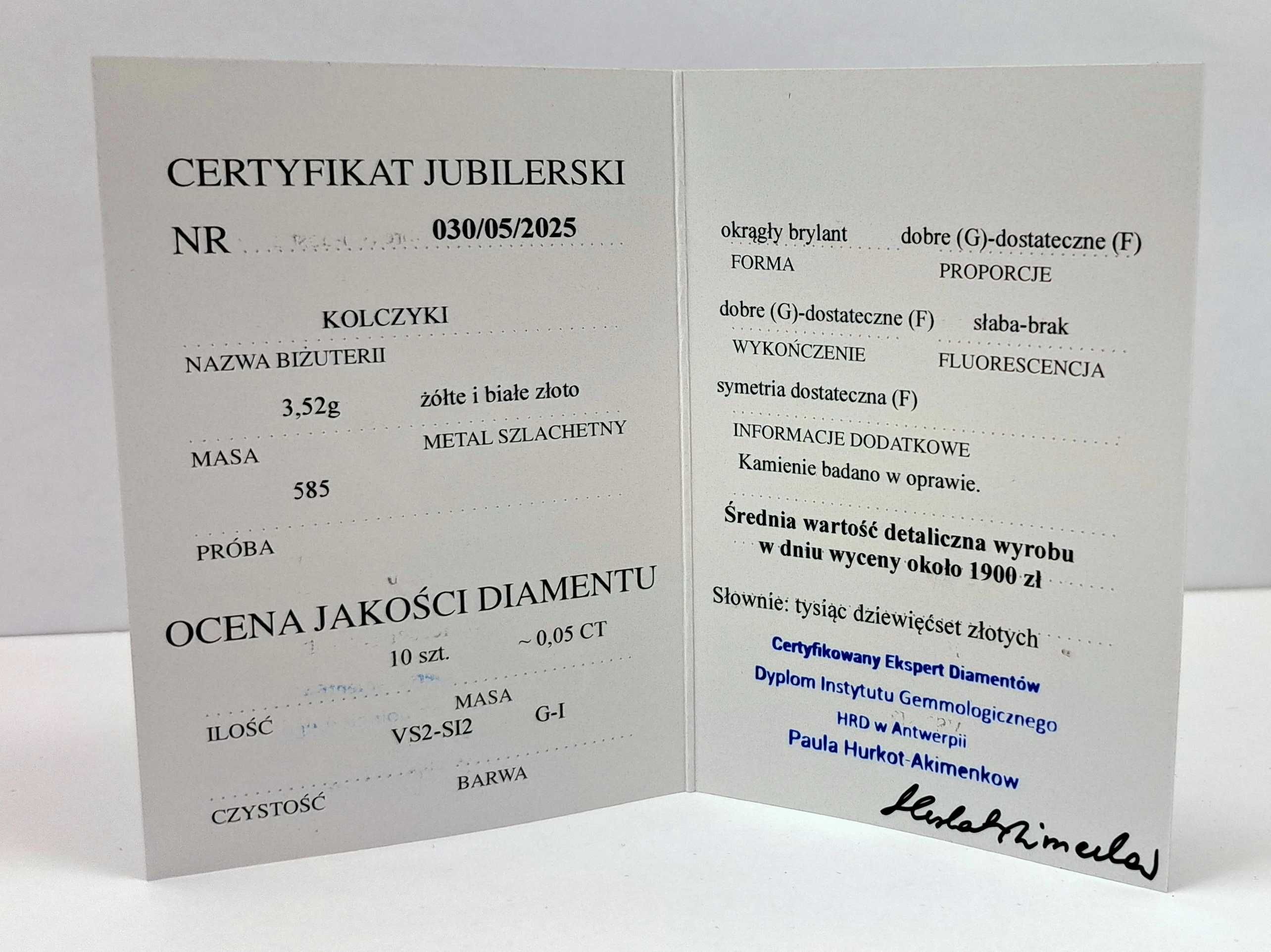 Okrągłe złote kolczyki 585 z diamentami0,05ct w:3,52g zamknięty bigiel