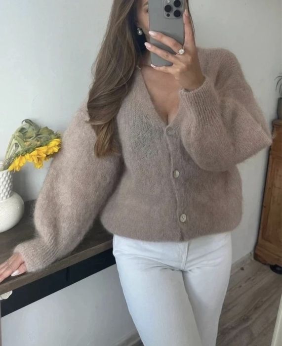 Beżowy mocha mokka sweterek kardigan moherowy kid moher 36 38 S M