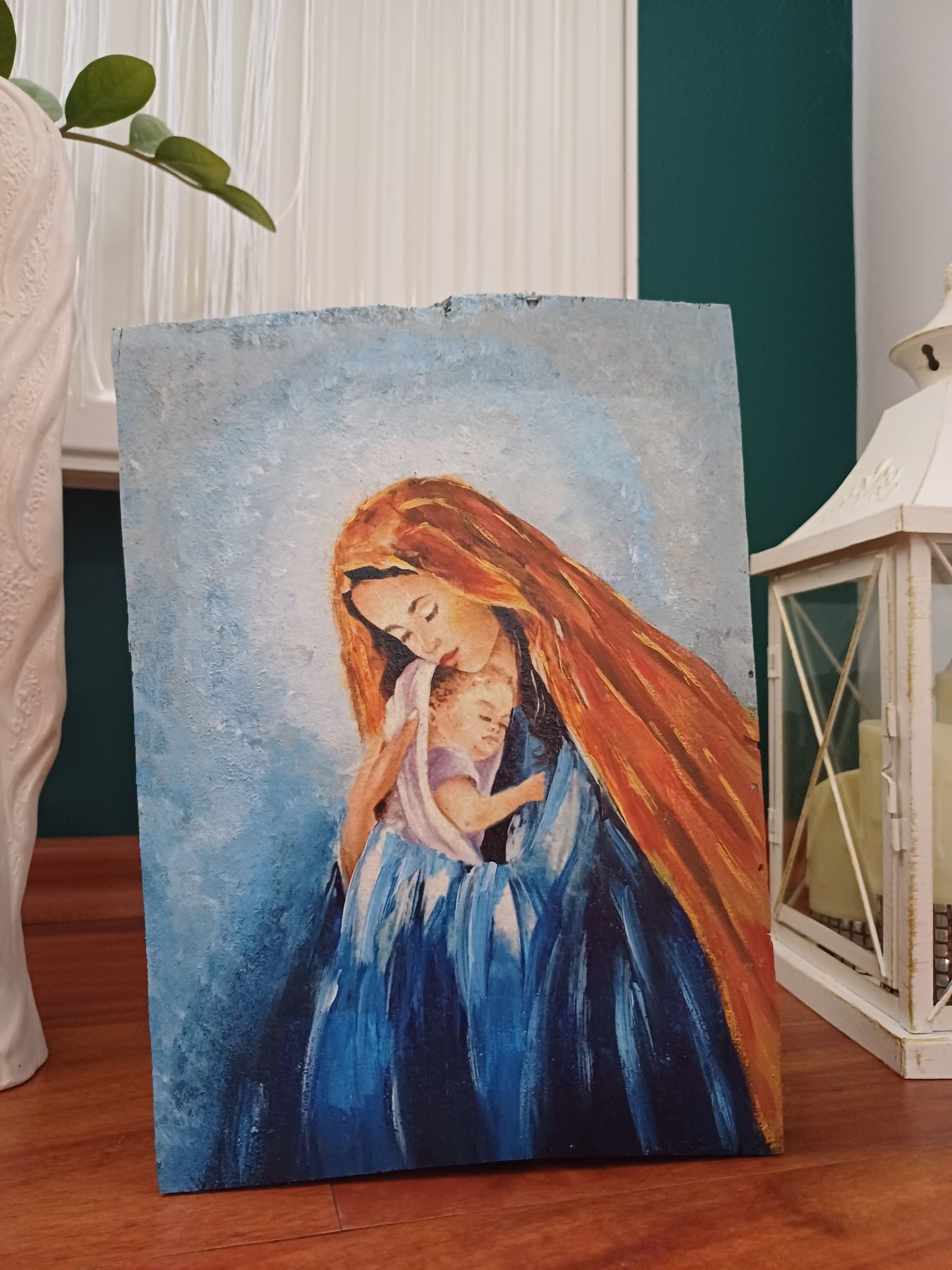Obraz na desce, decoupage, Matka Boska z Dzieciątkiem