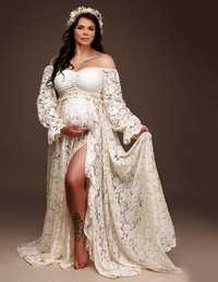 Dwuczęściowa suknia do sesji ciążowej Boho koronkowa ecru M L