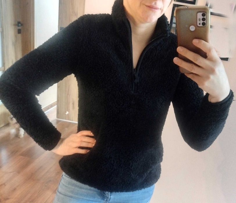 Polar bluza czarna futerko na stójce zamek misio teddy puszysty S