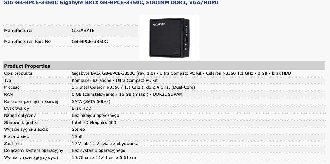 Mini Komp GIGABYTE Brix Intel 2,4 Ghz 8 GB RAM USB 3.0 WiFi HDMI NUC