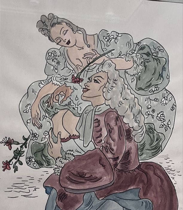 Piękna akwarela - Maja Berezowska - scenka miłosna - lata 50