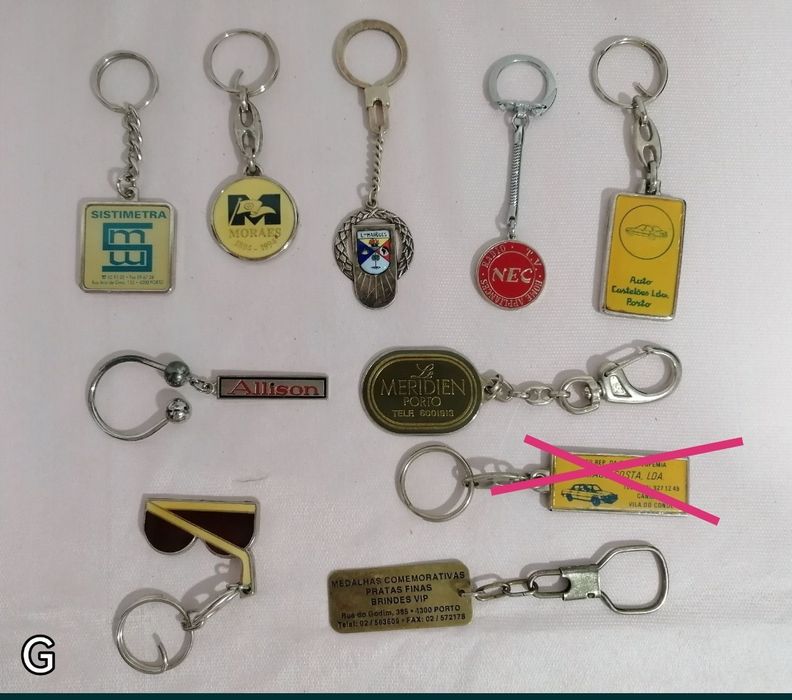 Conjunto 10 porta-chaves em metal, transportes, jornais, marcas, saúde