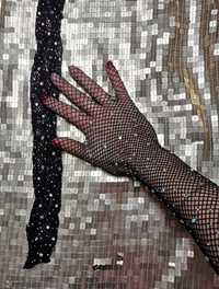 Długie czarne rękawiczki (rozm. uniwersalny) #siateczka #kryształki