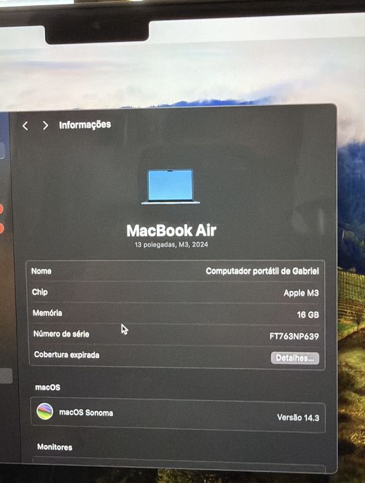 Macbook air 16gb 1tb m3 novo