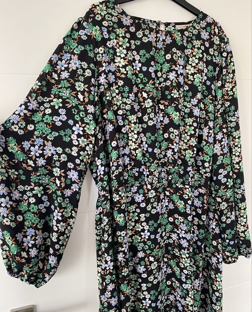 Letnia dłuższa sukienka floral taliowana bufki marszczenia Only r.48