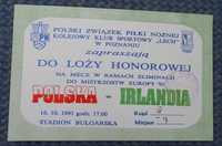 Zaproszenie mecz POLSKA - IRLANDIA Eliminacje ME 1992 ( 16.10.1991 )