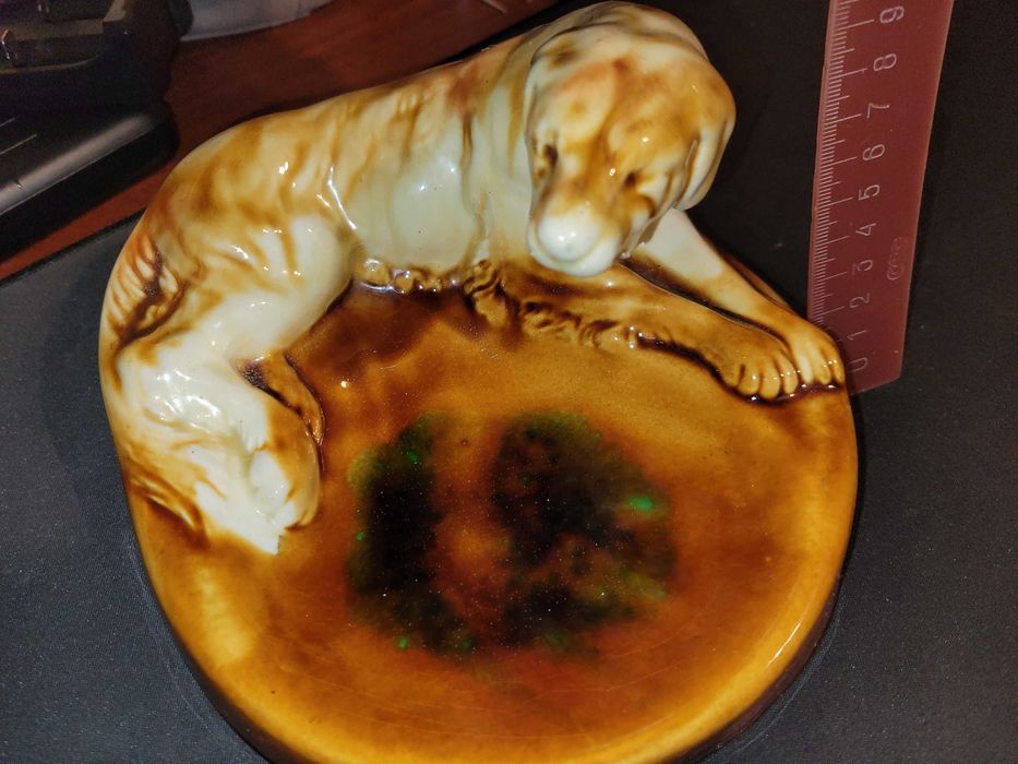 Статуэтка пепельница собака старая гежель, обливная керамика ссср