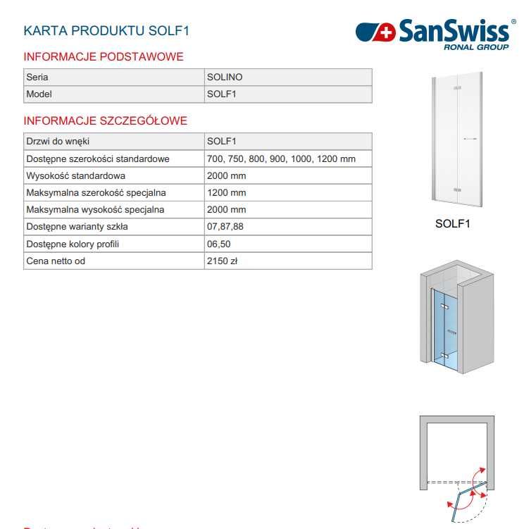 Drzwi prysznicowe, wnękowe, składane SanSwiss SOLF1G 120x200