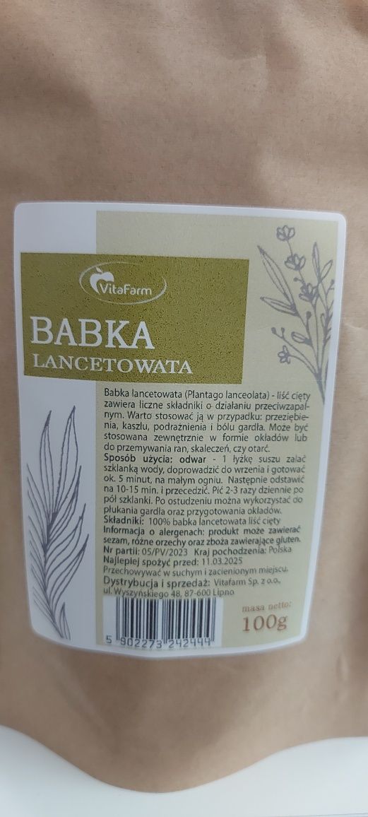 Babka lancetowata 100g kaszel, podraznienie gardła,