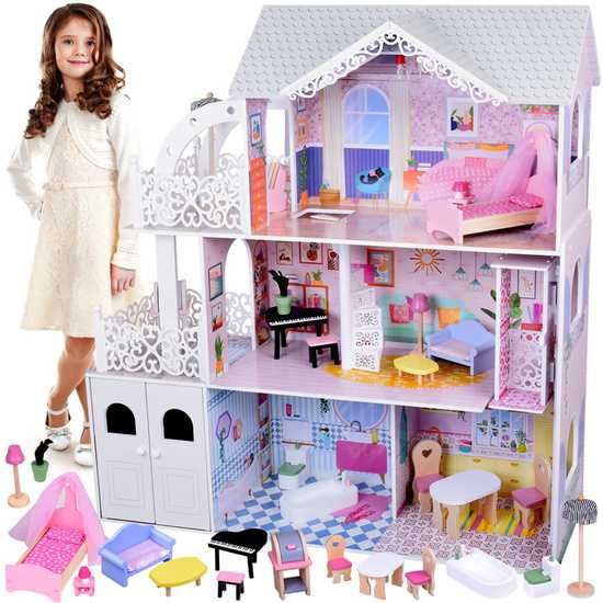 Великий ажурний дерев'яний ляльковий будиночок + ліфт, гараж, балкон