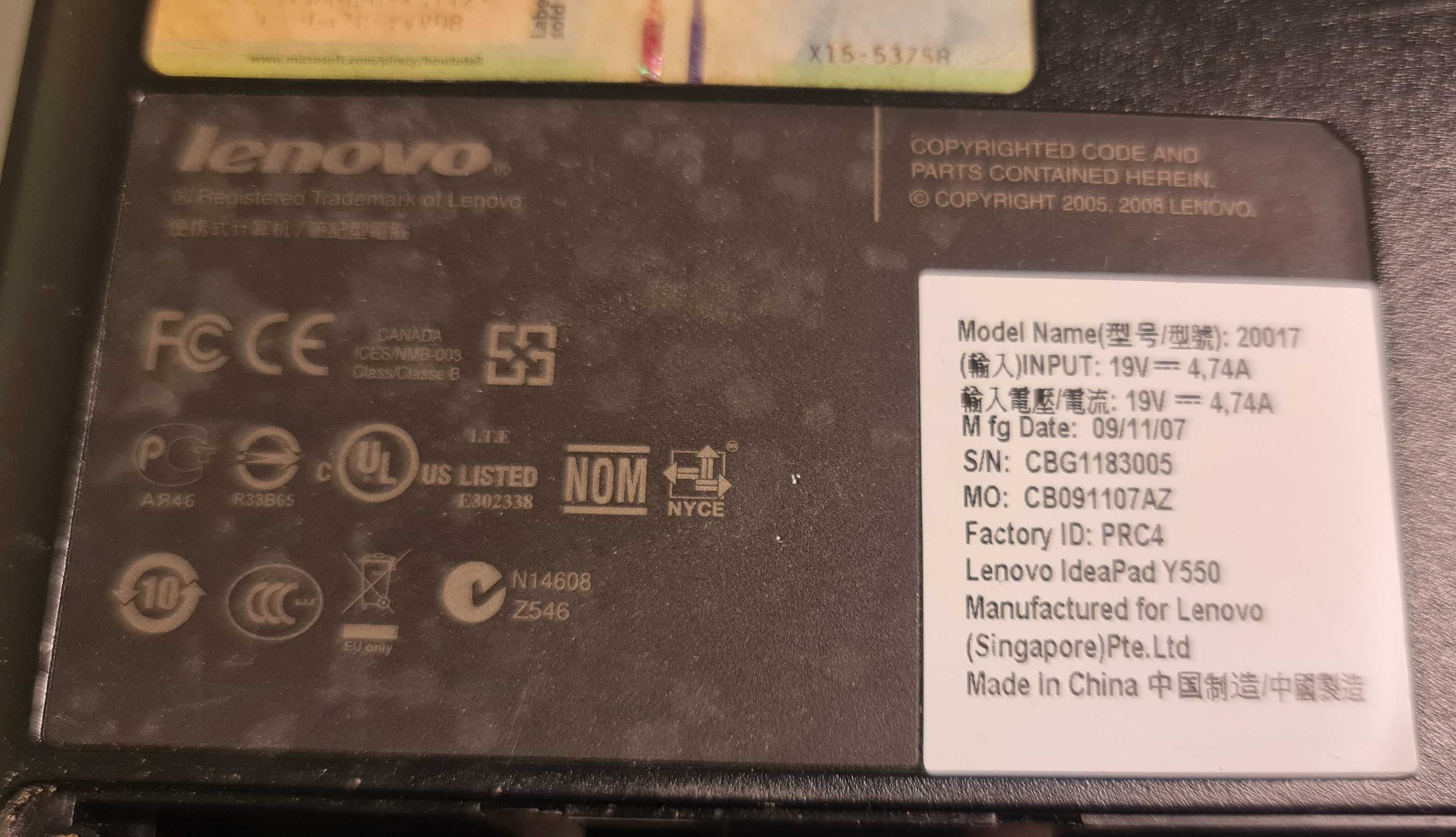 Obudowa palmrest Lenovo IdeaPad Y550