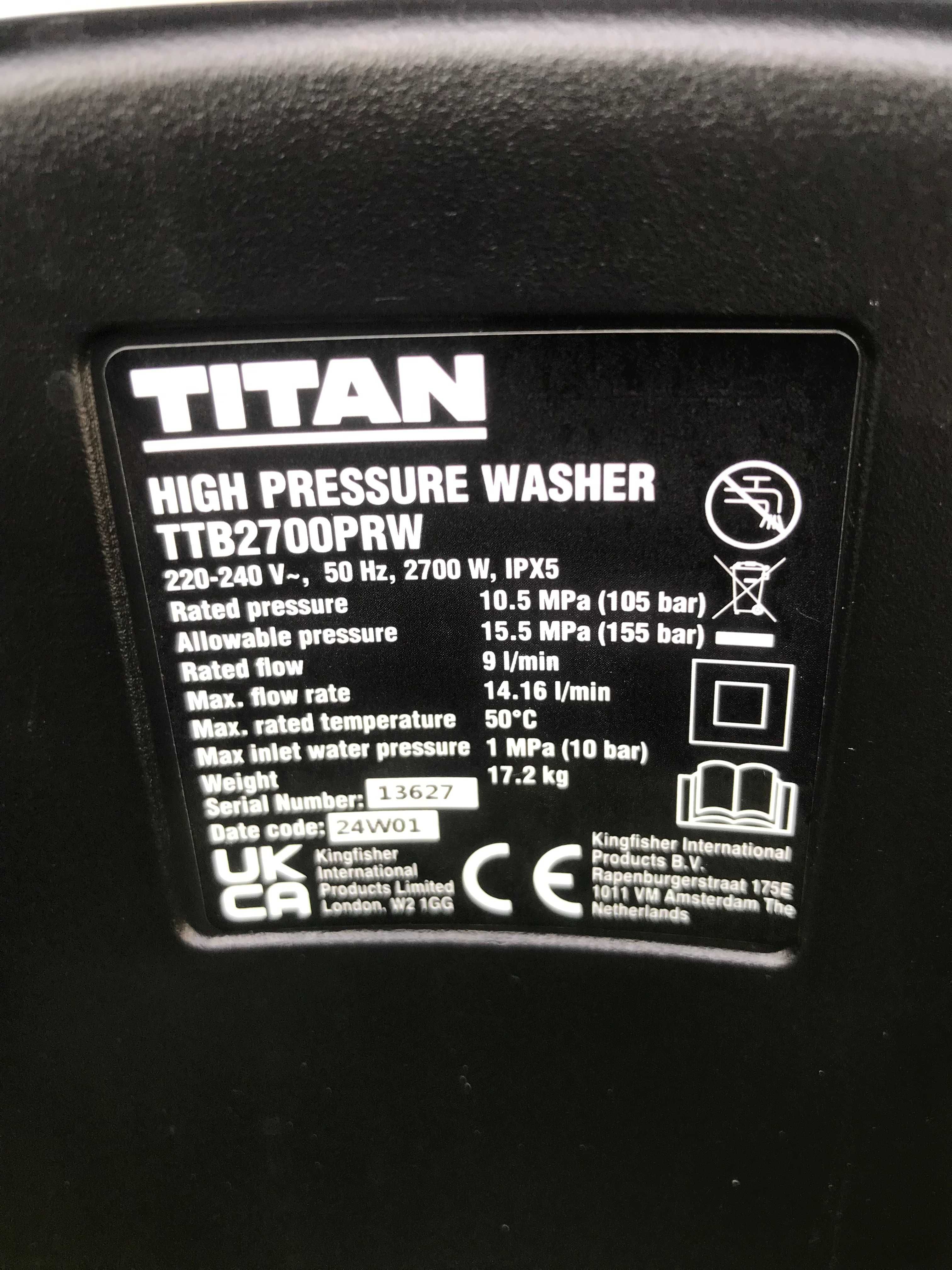 Мийка високого тиску Titan TTB2700PRW, 2,7 кВт., 850 л/год. з Англії