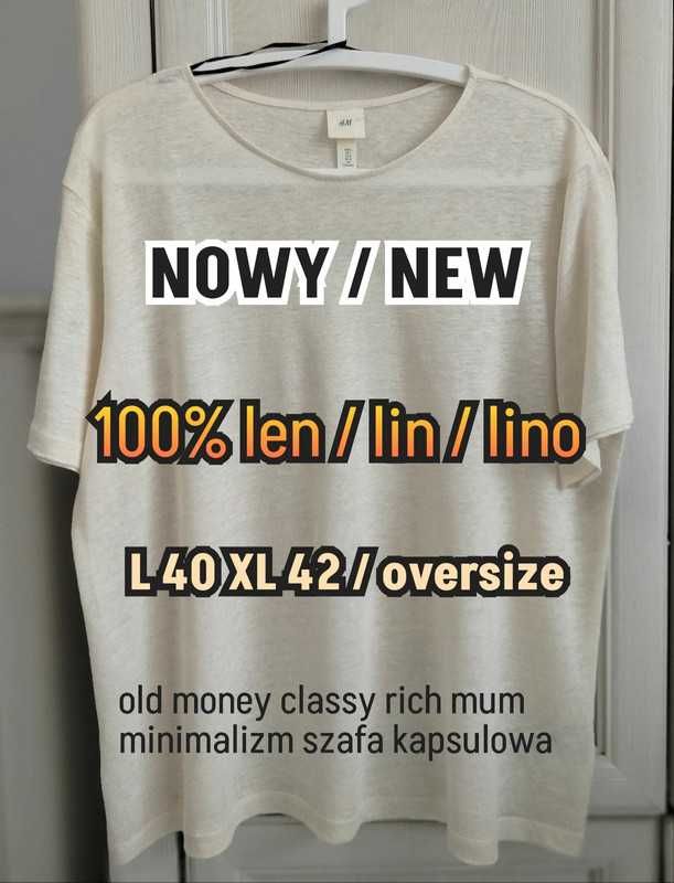 L 40 XL 42 44 XXL oversize kremowy t-shirt minimalizm len old money