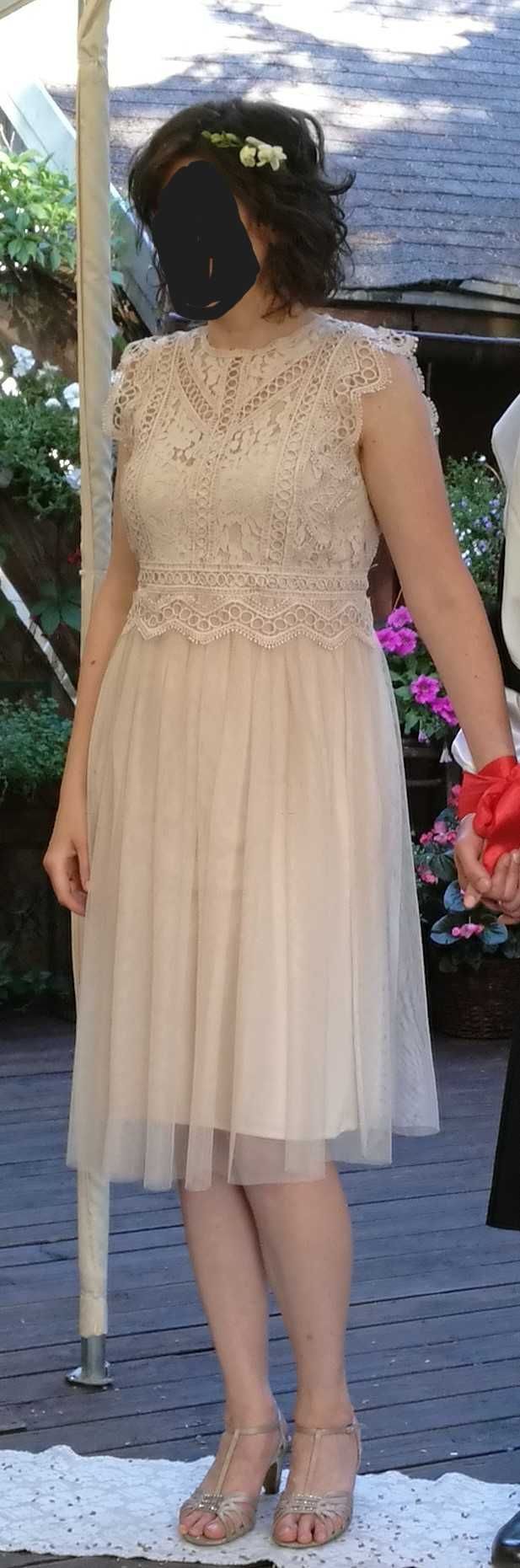 Sukienka ślubna/koktajlowa ESPRIT w stylu boho, pudrowy róż, rozmiar L