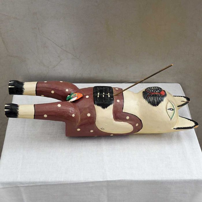 Кот рыболов винтажная деревянная фигурка декор игрушка хендмейд винтаж