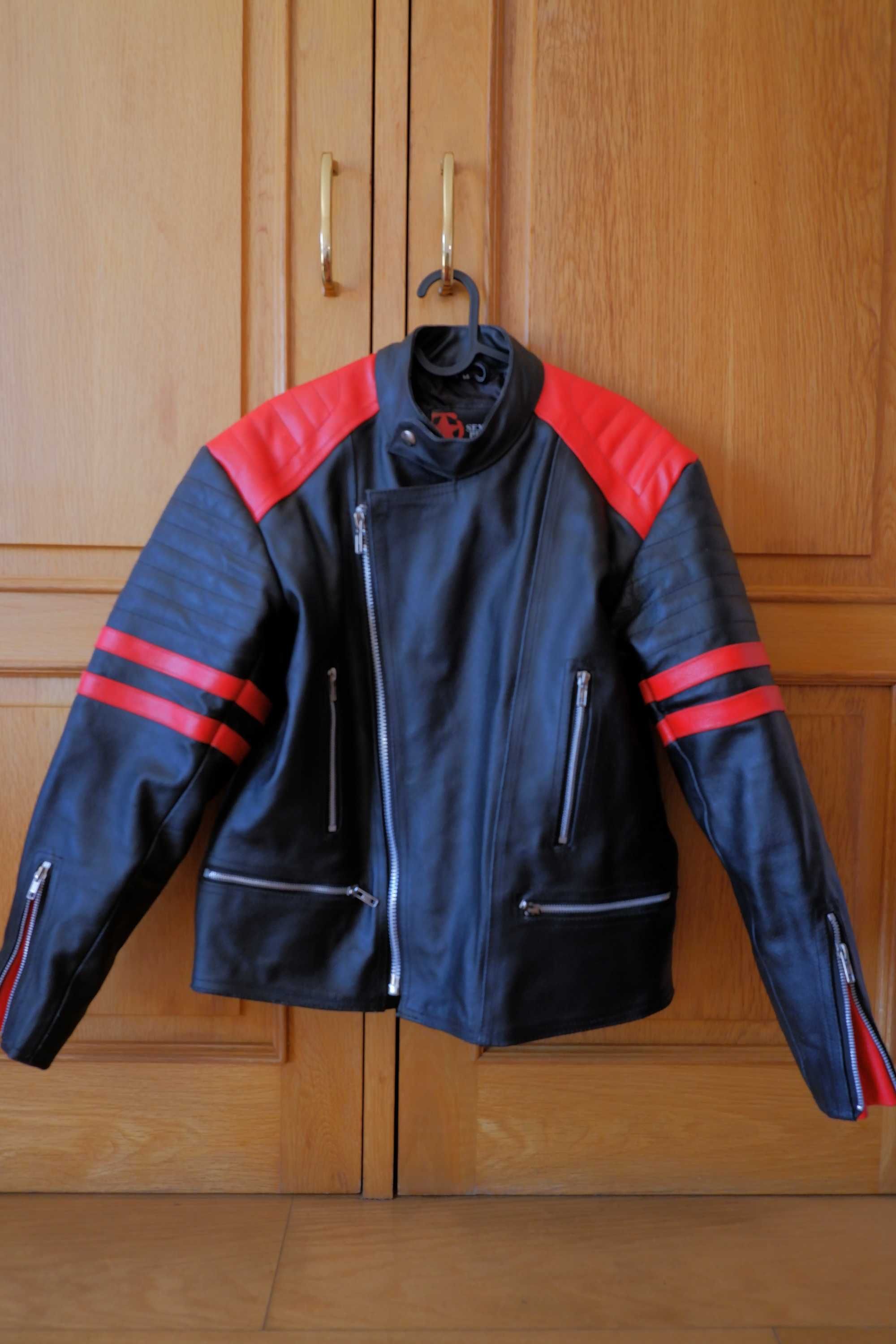 Casaco de couro estilo Biker Preto/Vermelho como novo