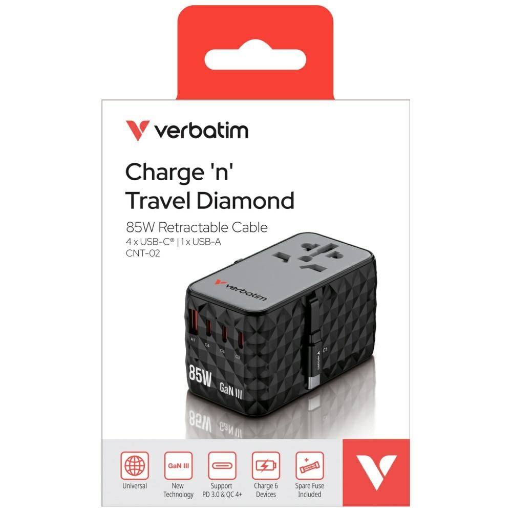Verbatim Adapter podróżny EU/UK/US GaN   USB-A/3xUSB-C PD 85W CNT-02