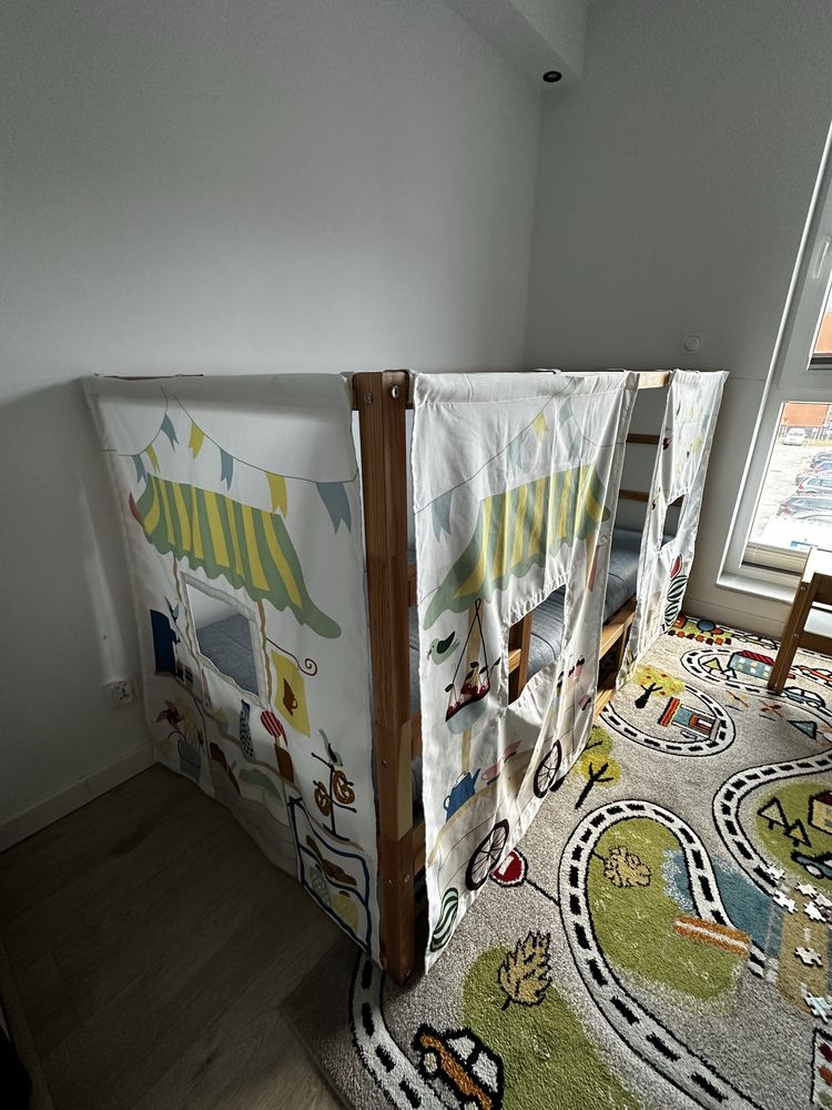 IKEA KURA Dwustronne łóżko, sosna, 90x200cm materac Agotnes + zasłona