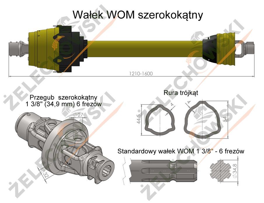 Wałek przekaźnika mocy WOM szerokokątny 1210 mm 830 Nm do PRASY