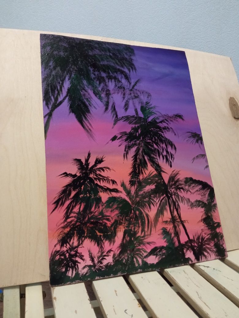 Закат пальмы тропики живопись картина маслом закат