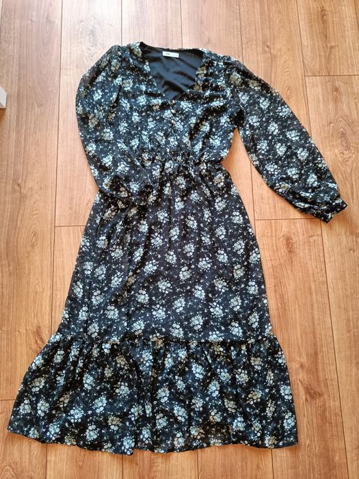 Sinsay S/36 sukienka elegancka maxi długa w kwiaty czarna