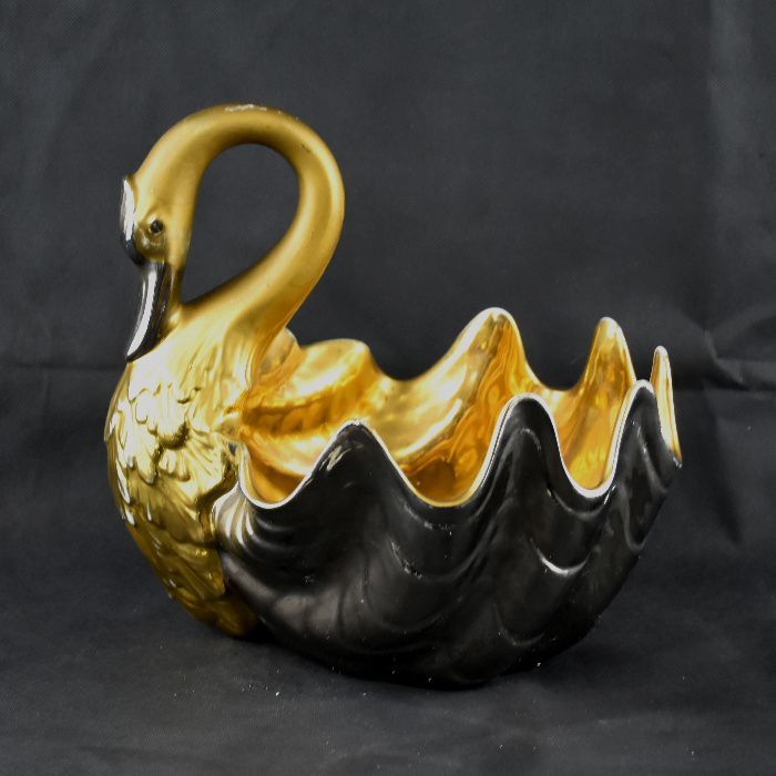 Floreira / Fruteiro em forma de cisne prateado e dourado Capodimonte